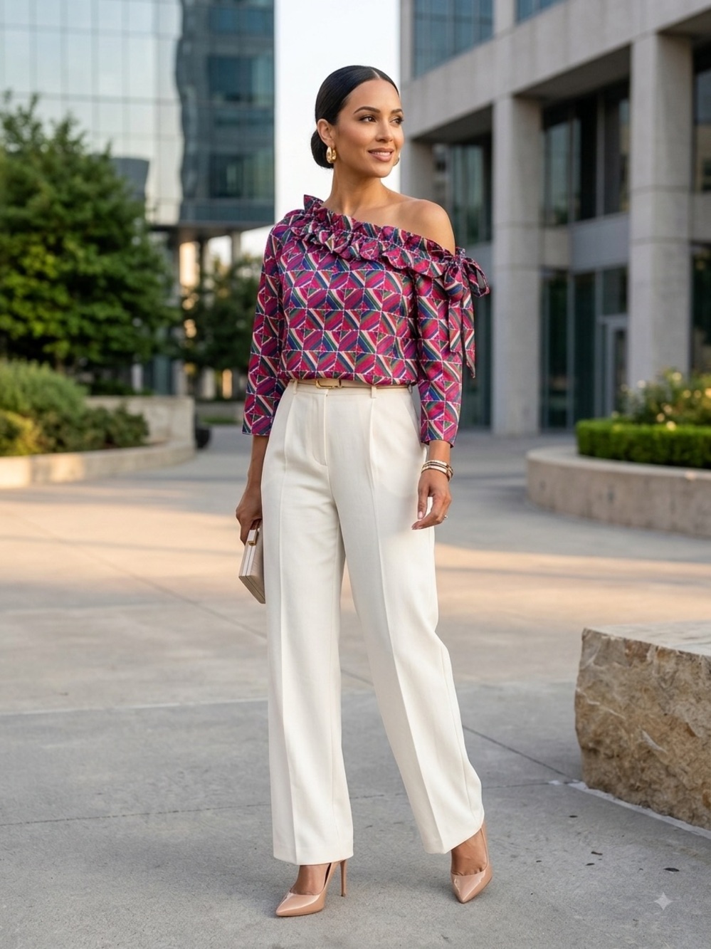 New Never A Wallflower One-Shoulder Ruffle Geometric Print Blouse in Magenta